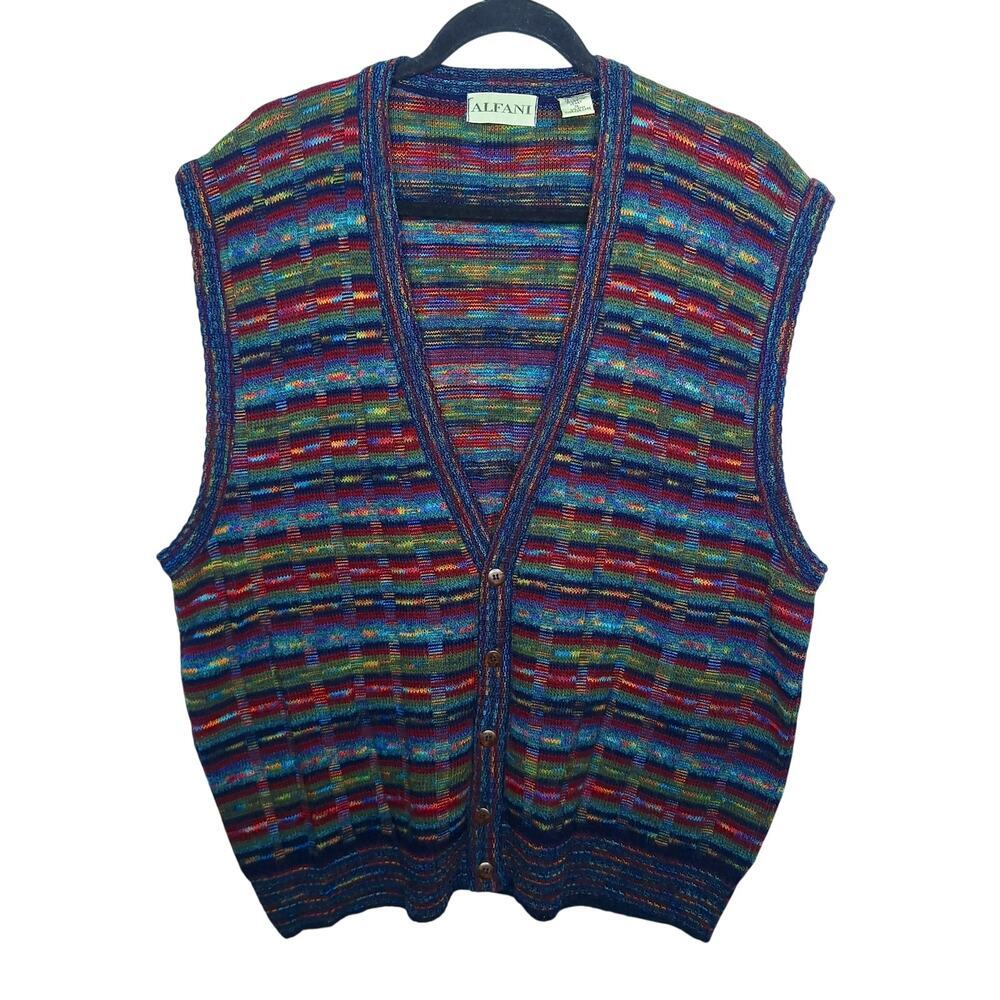 Vintage Alfani Rainbow Grandpa Sweater Vest Men XL Wool Blend Italy Button Front